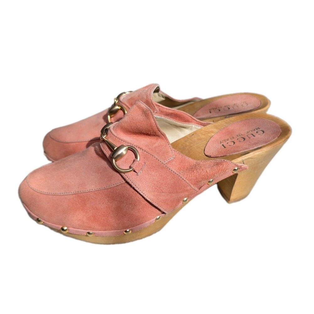 Gucci Amstel Pink Suede Gold Horsebit Studded Heel Clogs Womens Size 38 US 7.5